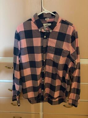Hollister Pink and Navy Large Check Button-Down Shirt